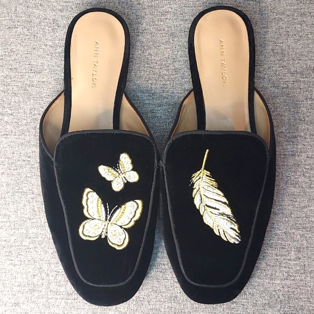 Ann Taylor Harmony Silver Gold Embroidered Butterfly Feather Velvet Slides US6.5